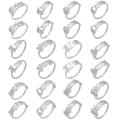 Gothic Zodiac Sign Ring Stainless Steel Adjustable Open Band Old English Letter Jewelry For Men Women 18K Gold Plated Polished