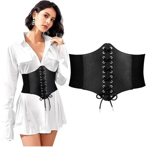 Dames Korset Riem Breed PU Leer Elastische Tailleband Vetersluiting Voor Retro Stijl Accessoire