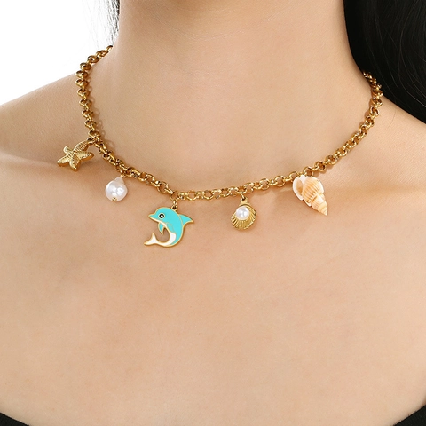 Collana In Acciaio Inossidabile Tema Oceano Ciondolo Stella Marina Conchiglia Tartaruga Delfino Perla Artificial Gioielli Vacanze Estive Spiaggia Per Donne