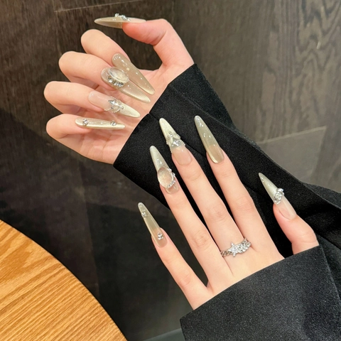 Unghie Finte A Pressione Fatte A Mano Occhio Di Gatto Lusso Strass Perla Artificial Decorazione Lunghe Bara Mandorla Donne