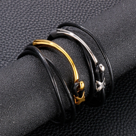 Pulsera De Cuero En Capas Para Hombre Con Cierre De Gancho De Acero Inoxidable Joyería De Mano Minimalista Accesorio Negro