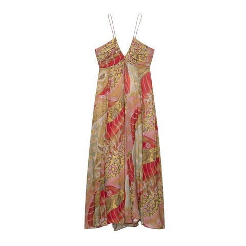 Bohemian Printed Camisole Maxi Dress For Women Sleeveless V Neck Pleated Chiffon Texture Polyester Vacation Summer