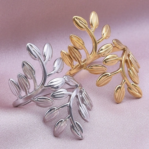 Leaf Branch Adjustable Open Ring 304 Stainless Steel Minimalist Nature Style Jewelry For Women