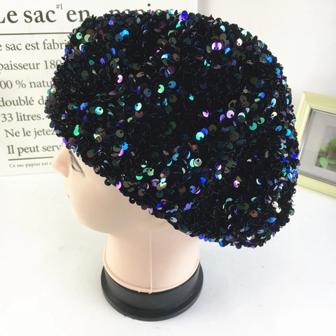 Pailletten Baret Hoed Dames Fluweel Glitter Kunstenaar Schilder Pet Mode Retro Party Hoofddeksels