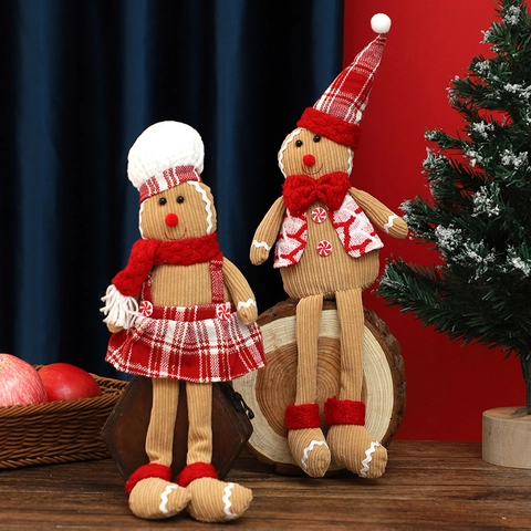 Christmas Gingerbread Man Plush Doll Long Leg Sitting Ornament Corduroy Fabric Plaid Scarf Hat Holiday Home Decor