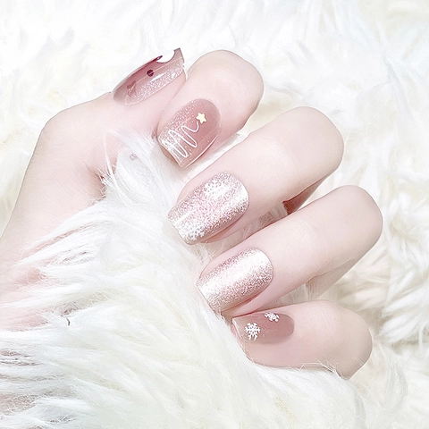 Unghie Finte A Pressione Rosa Glitter Con Renne Di Natale E Fiocchi Di Neve Manicure Artificiale Quadrata