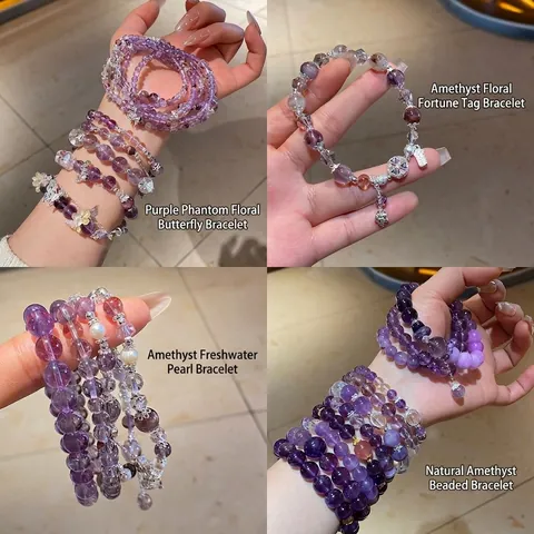 Natural Amethyst Beaded Bracelet Crystal Stone Butterfly Snake Charm Retro Elegant Niche Design Hand Jewelry For Women