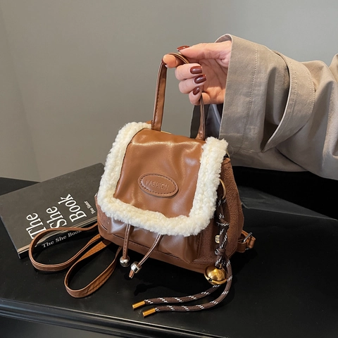 Women Mini Backpack PU Leather White Plush Trim Faux Lamb Wool Retro Small Rucksack Fashion Daily Street Casual
