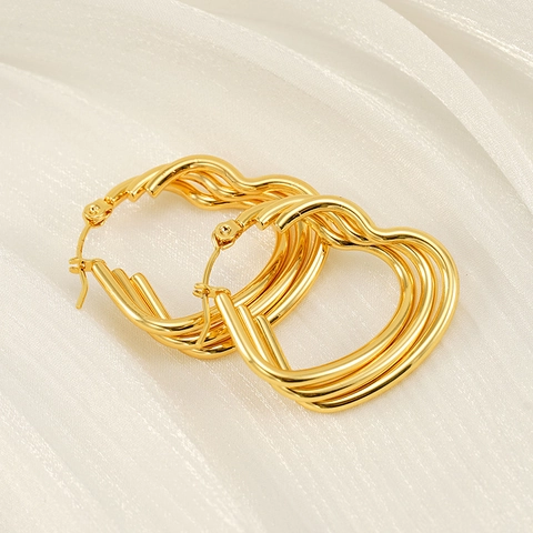 Boucles D'oreilles Créoles En Acier Inoxydable Plaqué Or 18 Carats Pour Femmes Multi Couches Forme Cœur Ovale