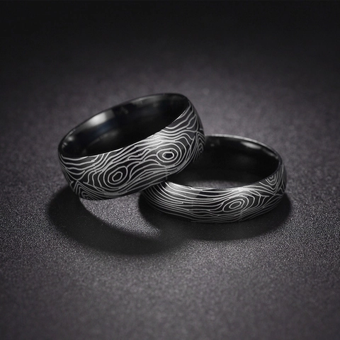 Damascus Pattern Stainless Steel Ring For Men Black Etched Wood Grain Band Vintage Punk Jewelry Gift