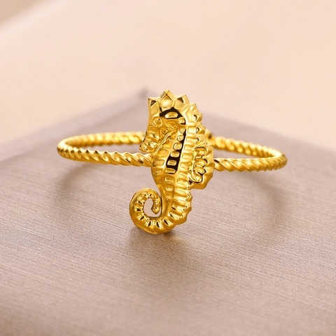 Anello Aperto in Acciaio Inossidabile a Forma di Cavalluccio Marino per Donna Placcato Oro Regolabile Intrecciato Animale
