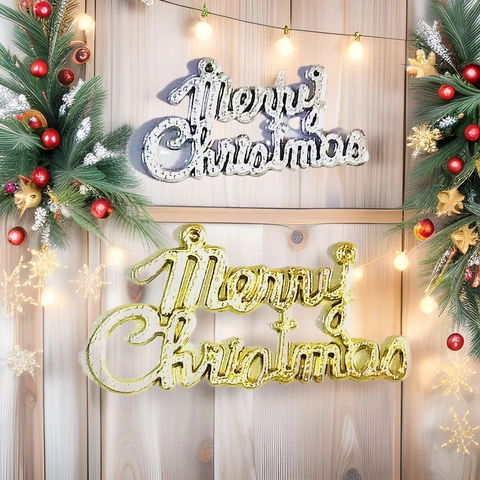 Merry Christmas Sign Letter Plate Electroplated Plastic Glitter Hanging Decoration For Christmas Tree Home Holiday Ornament