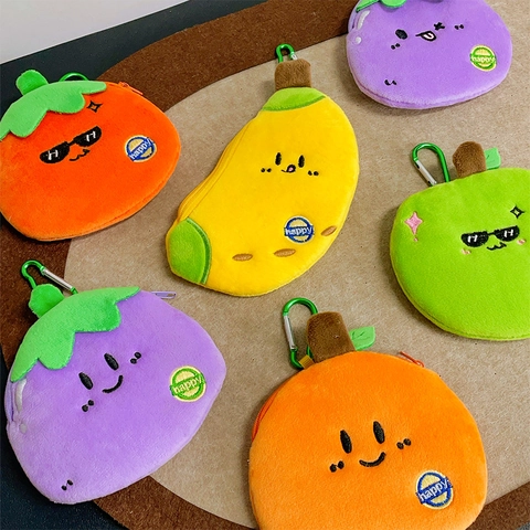 Fruit Vegetable Shape Plush Coin Purse Mini Wallet Keychain Soft Portable Small Zipper Bag With Metal Hook For Kids Cute Kawaii Embroidery