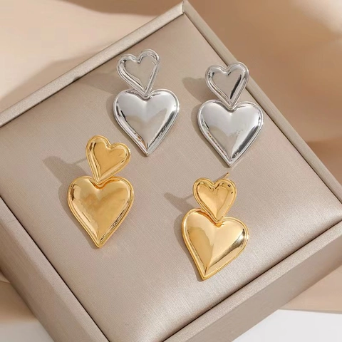 Orecchini Pendenti A Doppio Cuore Ottone Placcato Oro 18K Con Perno In Argento Sterling 925 Gioielli Per Donne