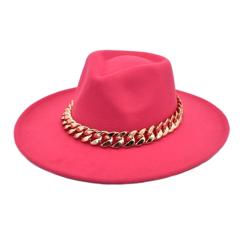 Wide Brim Fedora Hat Woolen Felt Jazz Cap With Gold Chain Decoration Solid Color Fashion Accessory For Men Women