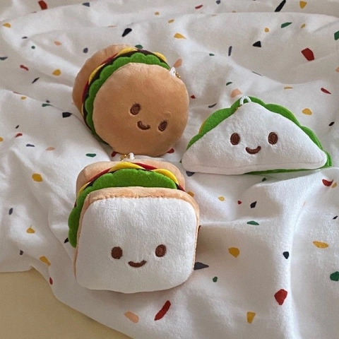 Cute Plush Food Keychain Burger Sandwich Pendant Soft Stuffed Toy Charm Smiley Face Embroidery Backpack Accessory