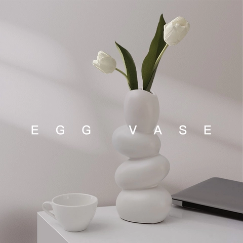 Nordic Minimalist Pebble Stacked Ceramic Vase Matte Egg Shaped Abstract Art Flower Pot Desktop Decor