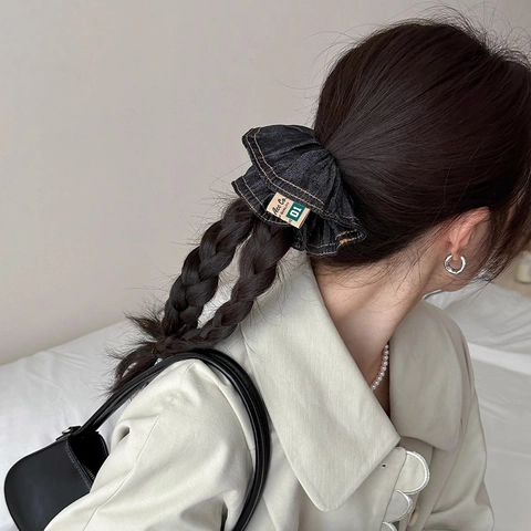 Denim Scrunchie Vintage Kontrastnaht Koreanischer Stil Haargummi Für Damen Mädchen Elastische Mode Kopfschmuck