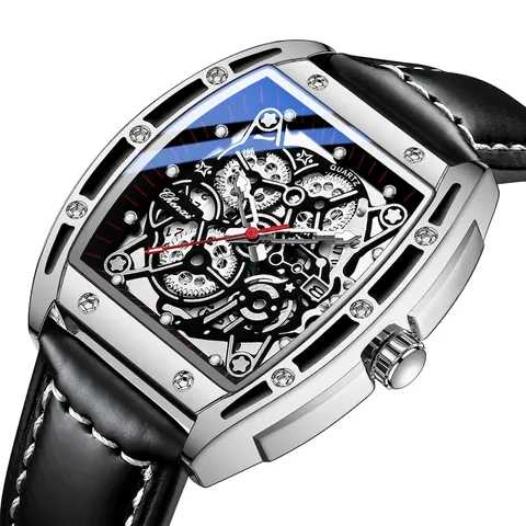 Orologio Al Quarzo Da Uomo Tonneau Quadrante Scheletrato Luminoso Impermeabile Cinturino In Pelle Calendario Moda Business