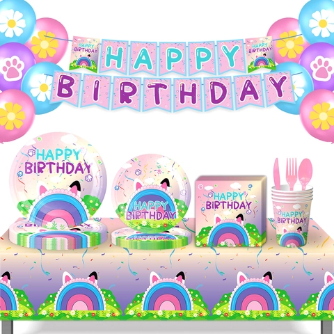Happy Birthday Party Geschirr Rosa Katzenohr Regenbogen Thema Banner Tischdecke Ballon Serviette Becher Papier Kunststoff Deko