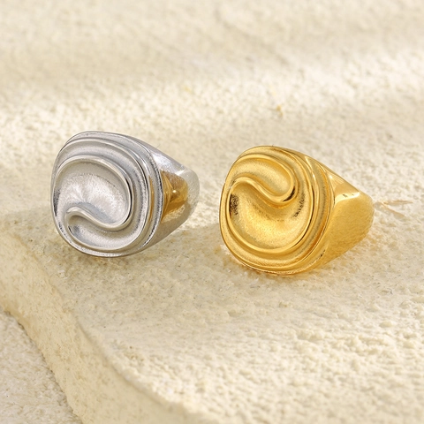 Anillo De Vórtice En Espiral Abstracto Minimalista Redondo Texturizado Acero Inoxidable Chapado En Oro 18K