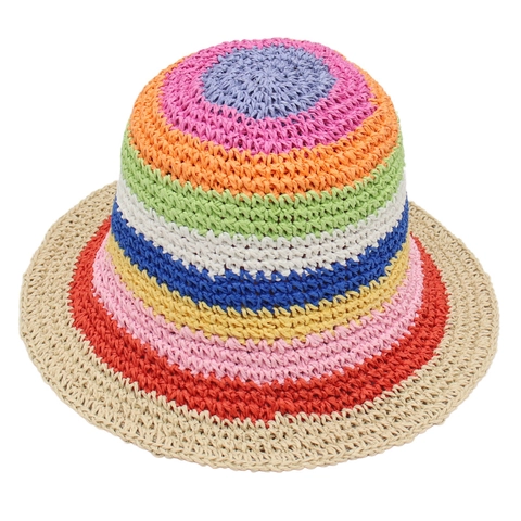 Bohemian Colorful Striped Straw Bucket Hat Foldable Crochet Sun Protection Beach Summer Resort Hat For Women