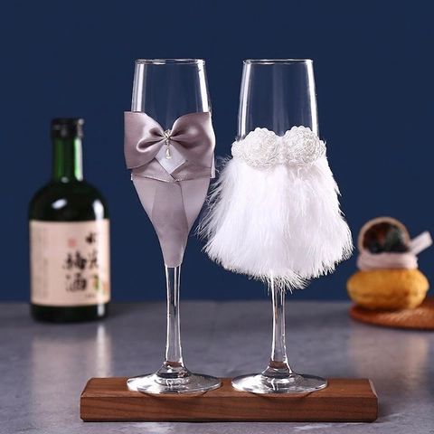 Romantic Bride And Groom Wedding Champagne Glasses Glass With White Lace Artificial Pearls And Grey Satin Bowtie Celebration