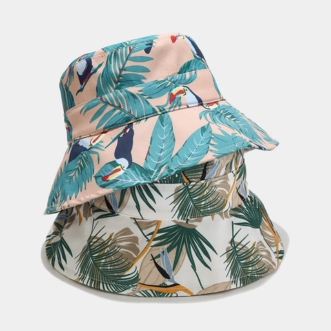 Tropical Print Bucket Hat Cotton Canvas Sun Protection Summer Beach Vacation Palm Leaf Toucan Pattern For Women