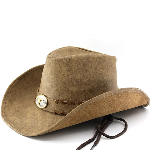 Vintage Westerse Cowboyhoed Suede Polyester Brede Rand Zonbescherming Buitenrijden Stierkop Gesp Windtouw
