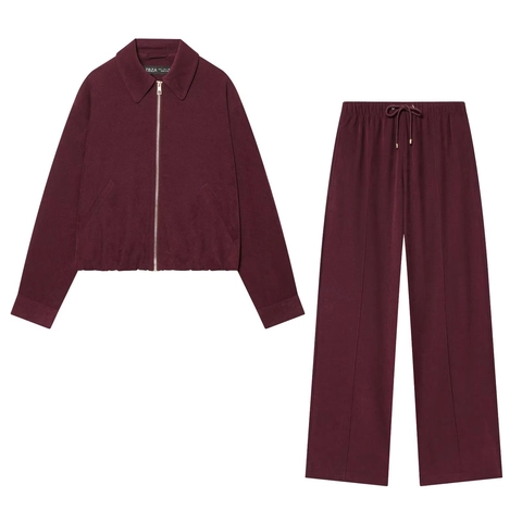 Womens Solid Color Casual Zipper Jacket And Wide Leg Pants Lapel Long Sleeve Streetwear Loungewear Polyester