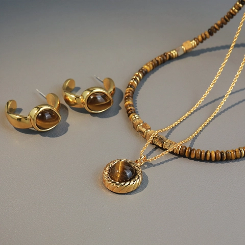 Collana Di Perle Occhio Di Tigre Retro Maillard Con Acciaio Inossidabile Placcato Oro 18K E Pietra Paesaggio