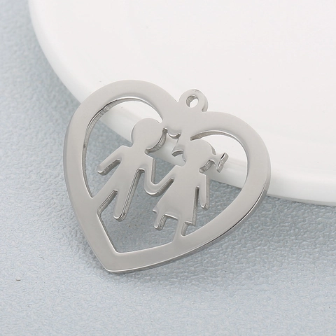 Stainless Steel Hollow Heart Pendant Charm Boy Girl Silhouette For DIY Jewelry Making Romantic Cartoon Style
