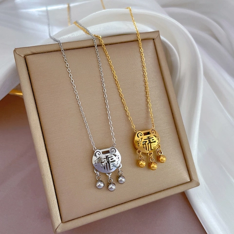 Fu Character Pendant Necklace Titanium Steel Long Life Lock With Bells Hollow Out Gold Tone For Women