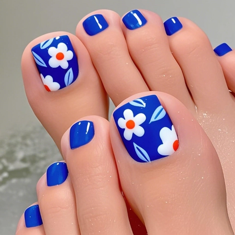 Unghie Finte Per Piedi Blu Scuro Lucide Con Motivo Di Fiori Bianchi Forma Quadrata Stile Estivo Unghie Artificiali