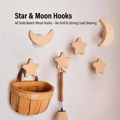 Ganci Da Parete In Legno Di Faggio Forma Stella Luna Senza Foro Appendiabiti Decorativi Nordici Per Ingresso Camera