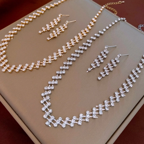 Collana E Orecchini A Lobo In Lega Con Strass Geometrici Quadrati Gioielli Da Matrimonio Di Lusso Per Donna