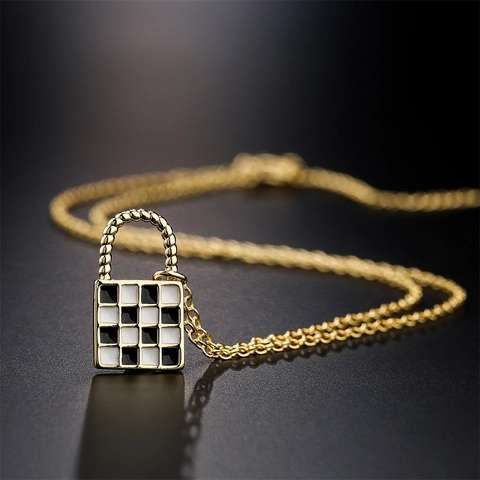 Checkered Lock Pendant Necklace Copper With Zircon Checkerboard Square Enamel Geometric Jewelry For Women