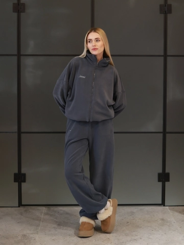 Giacca In Pile Donna Con Cerniera E Pantaloni Larghi Ricamo Lettere Casual Sportivo