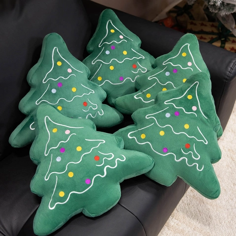 Christmas Tree Shaped Pillow Plush Soft Forest Green Embroidered Decorative Cushion Holiday Home Decor Gift