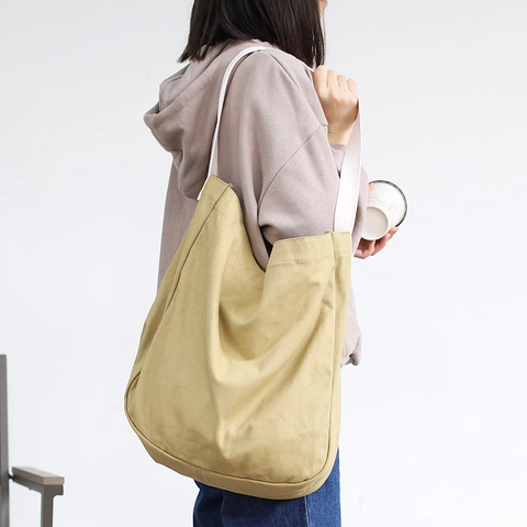 Sac À Bandoulière En Toile Pour Femmes Grande Capacité Sangle Contrastée Style Japonais Cabas Épaule Fermeture Magnétique