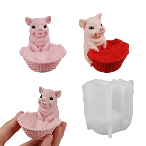 Silikonform Süßes Schwein Mit Korb Skulptiertes Tierdesign Für DIY Kerzenglas Harzguss Gips Blumentopf Backen Deko