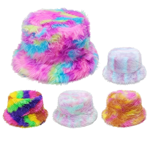 Cappello Alla Pescatora In Pelliccia Sintetica Donna Arcobaleno Tie Dye Sfumato Peluche Caldo Inverno Accessorio Chic