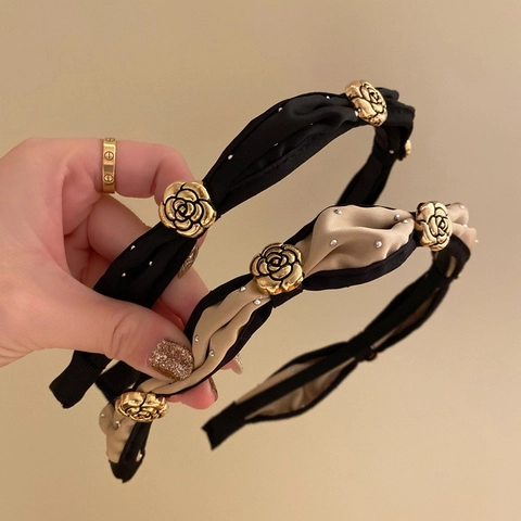 Camellia Flower Headband Elegant Fabric Satin Gold Metal Knot Hair Hoop With Rhinestone For Women Girls