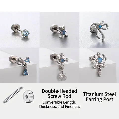Cartilage Stud Earrings Titanium Stainless Steel Screw Back Blue Cubic Zirconia Piercing Jewelry Bowknot Bear Dragon Claw