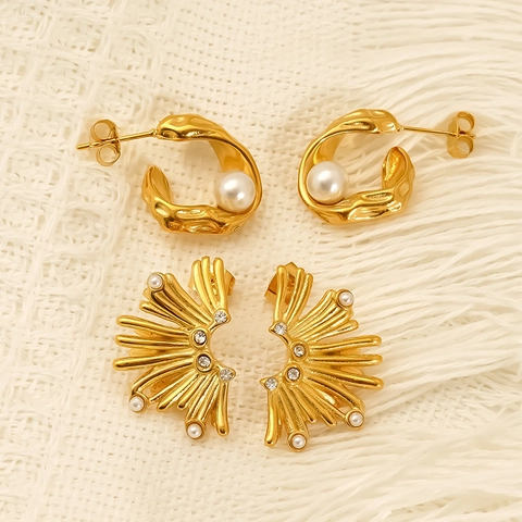 Stud Hoop Earrings 18K Gold Plated 304 Stainless Steel Imitation Artificial Pearl Rhinestone Irregular Geometric Fan Shaped Retro French Style Women