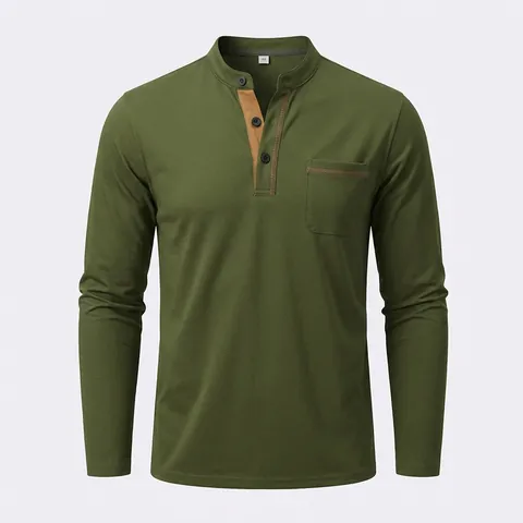 Herren Langarm Henley Shirt Strick T-Shirt Knopfleiste Brusttasche Kontrastnaht Casual Pullover