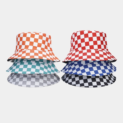 Checkerboard Bucket Hat Cotton Canvas Double Sided Wearable Outdoor Sun Protection Streetwear Casual Fisherman Hat Unisex