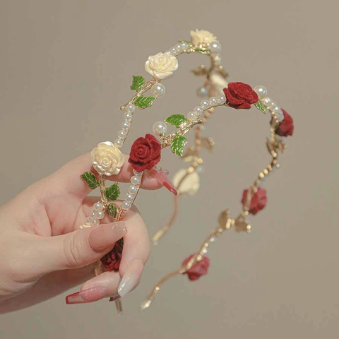 French Retro Rose Artificial Pearl Headband Elegant Fabric Flower Metal Wire Vintage Hair Hoop For Women Wedding Party Accessories