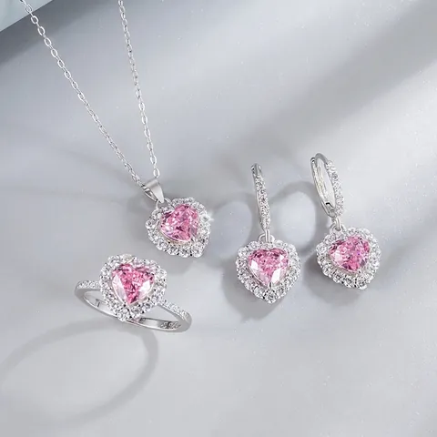 Conjunto de Joyas de Plata de Ley 925 con Strass en Forma de Corazón Collar Pendientes Anillo para Mujer Accesorios