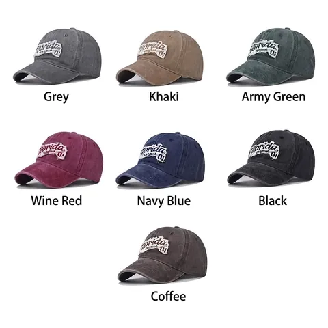 Washed Cotton Baseball Cap Florida Embroidery Patch Vintage Distressed Sun Hat Adjustable Outdoor Unisex Retro Style